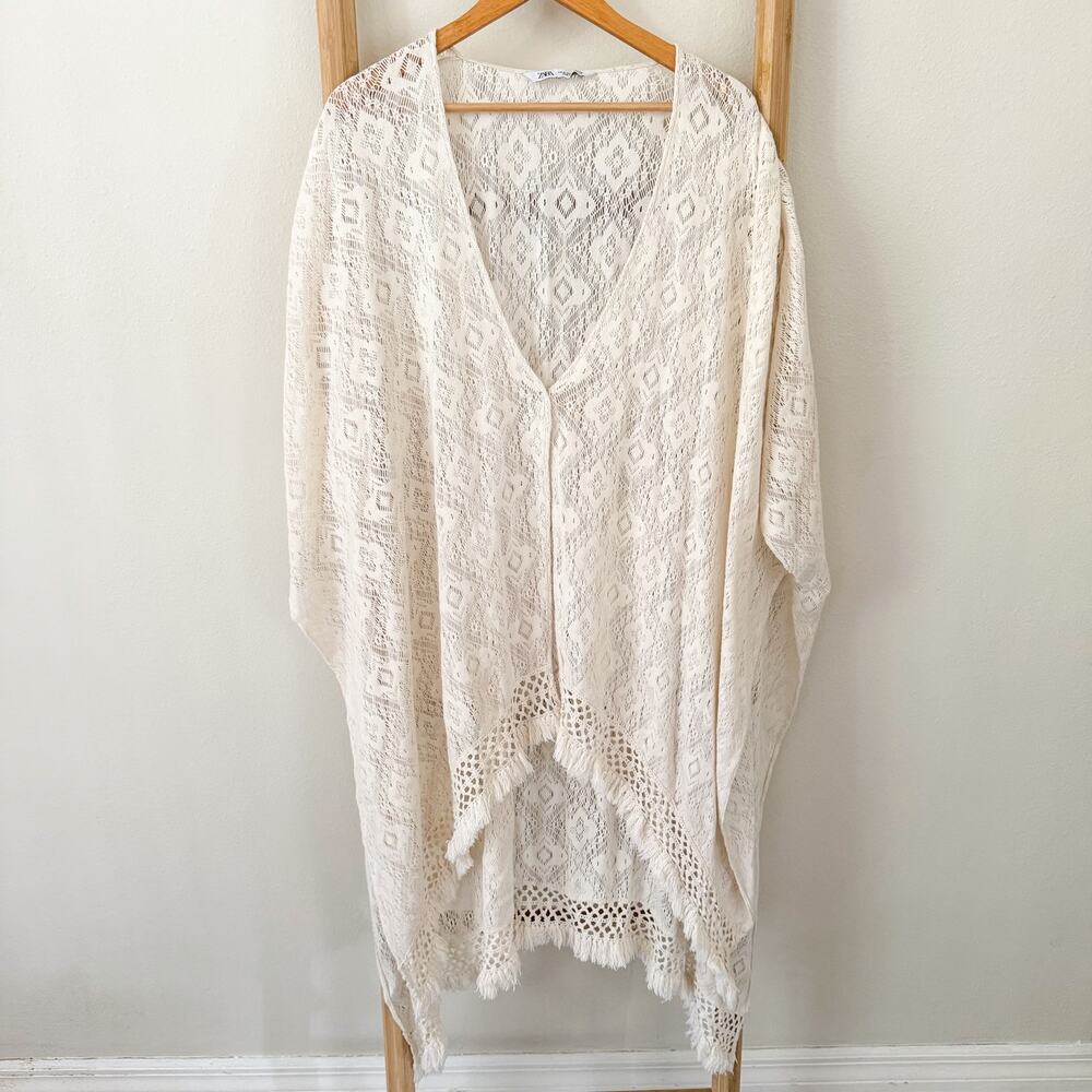 Zara Women M Ivory Crochet Lace Kaftan Swim Cover Up Fringe Boho Beach